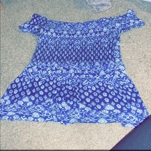 Blue and white off the shoulder crop top.